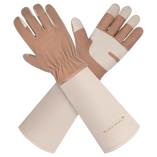 HLDD HANDLANDY Gardening Gloves for Women & Men, Leather Long Sleeve Rose Pruning Gloves, Thorn Proof Garden Work Gauntlet Animal Handling Gloves (Large, Light Brown)