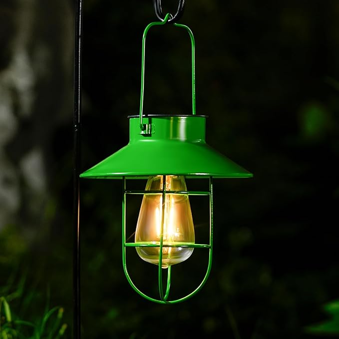 Solar Lights Lantern Lamp with Shepherd Hook, Solar Metal Lanterns, Outdoor Lights Decor,Edison Bulb Lights for Garden ,Outside Decor for Pathways,Patio, Lawn, or Landscaping(Green)