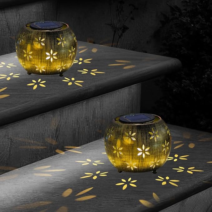 VEWOGARDEN 2 Pack Solar Lanterns Outdoor Waterproof Solar Lantern Hollow Out Metal Lantern Solar Lights for Patio Garden Table Decor