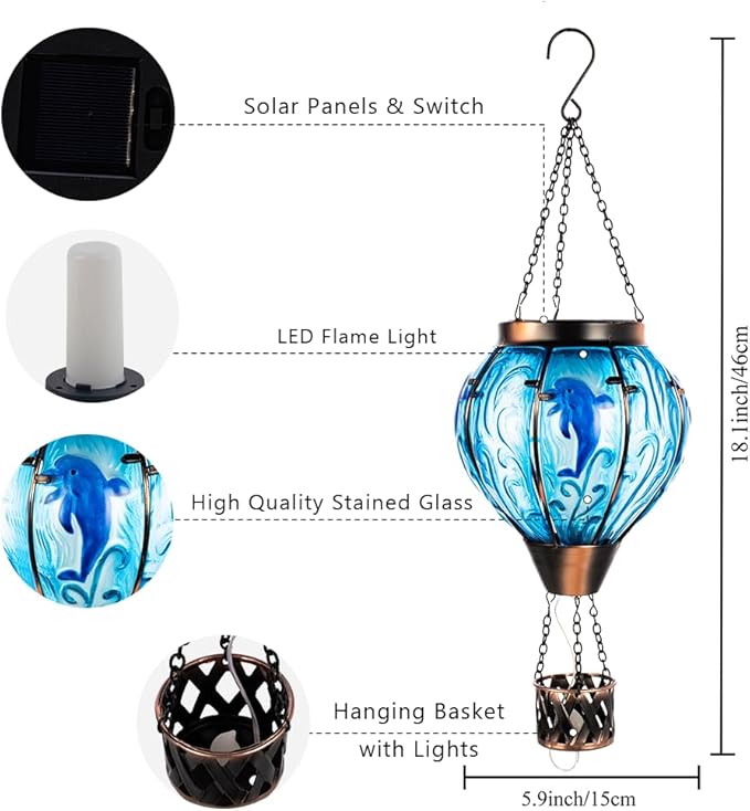 Blue Dolphin Hot Air Balloon Solar Lantern with Flame Flickering Light LED Glass Hanging Solar Lanterns Outdoor Waterproof Hot Air Balloon Decor for Patio Yard Garden Mother Day Gift for Women