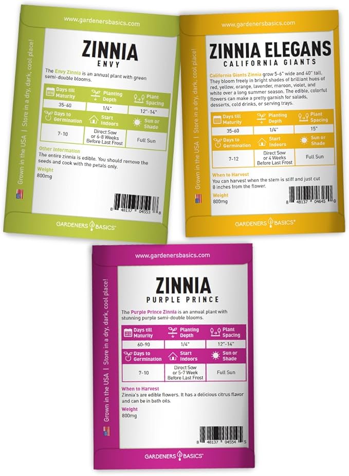 Gardeners Basics, Zinnia Seeds for Planting Outdoors Flower Seeds (5 Variety Pack) Thumbelina, Lilliput, Envy, Purple Prince and Pompon Varieties for Butterflies, Bees, Pollinators Wildflower Seed