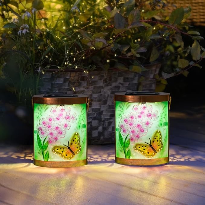 Starsoul 2 Pack Hanging Solar Lantern Outdoor Waterproof Glass Butterfly and Flowers Decorative Solar Lights for Outside Garden Yard Table Patio Decor