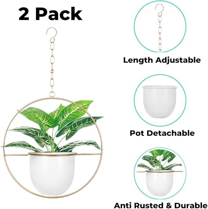 2 Pack Hanging Planters for Indoor Plants with 5.5" Pot + Ceiling Hook + Extender Chain | Hanging Plant Holder, Metal Minimalist Planter, NO Plant incld