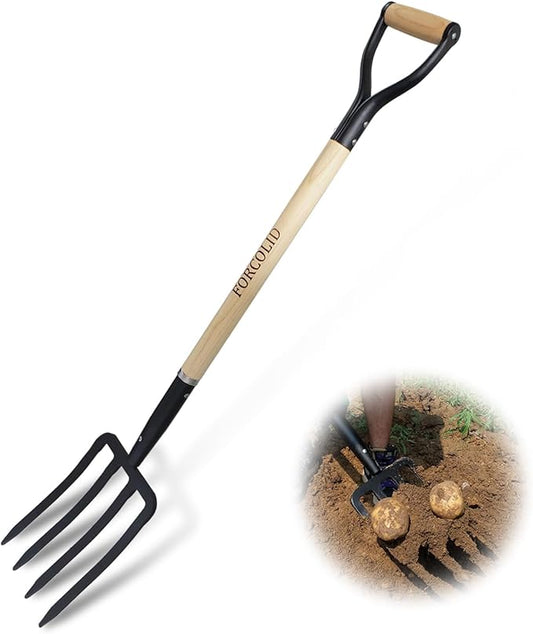 Garden Fork, 4-Tine Spading Digging Fork, Pitch Fork-45Inch, Forged Steel Y-Grip, Wood Handel