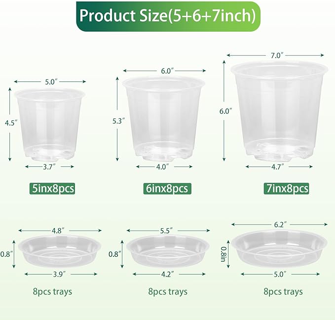 24 Pack 7/6/5 Inch Clear Nursery Pots with Drainage and Saucers, Durable Clear Plant Pots, Plastic Nursery Pots for Plants, Seed Starting Pots (5/6/7inch-24pcs)