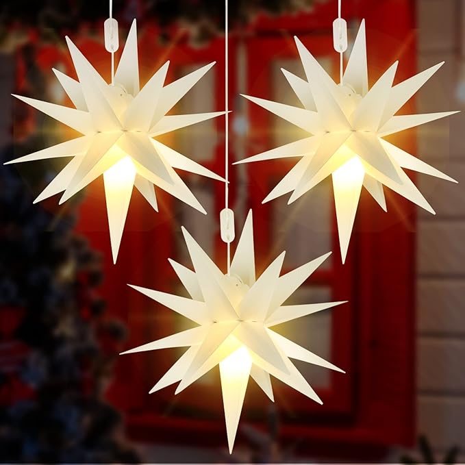 Kingdder 3 Pieces Moravian Star Light LED 3D Star Hanging Light Powered by Battery with Timer Function White Porch Lantern Holiday Decor for Indoor Outdoor Christmas Tree Balcony Courtyard (18 Inch)