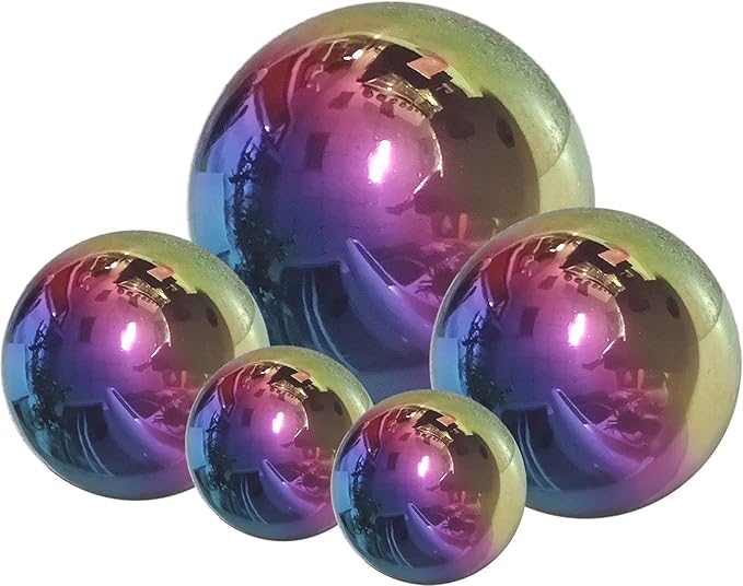 Nerien Gazing Ball, Stainless Steel Garden Mirror Globe, Polished Ornament Sphere, Hollow Floating Reflective Hemisphere, for Home Outdoor Pond Housewarming Swimming Pool Decoration, Rainbow, 5Pcs Mix
