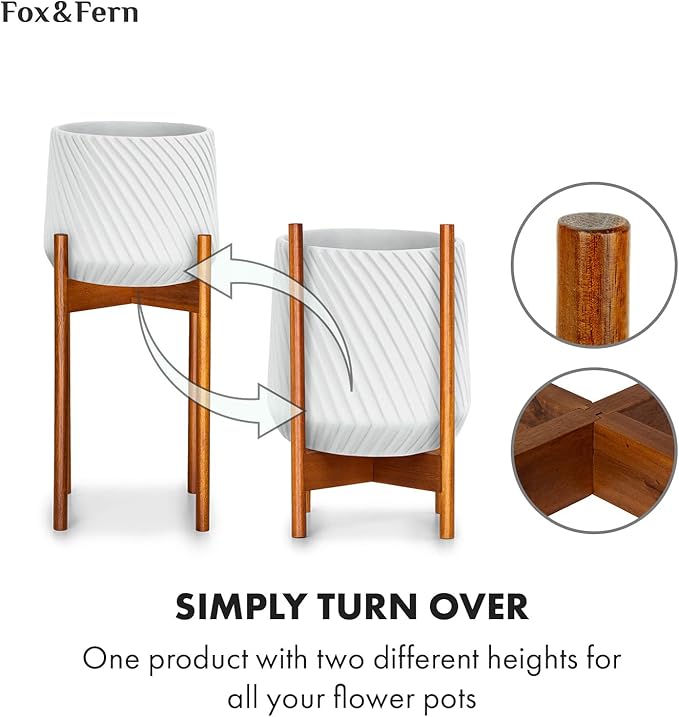 Fox & Fern Mid Century Tall Plant Stand — 10 Inch Fixed Size Raised Wooden Plant Stand for Indoor Planters; Modern Flower Pot Holder with Plug In Design; Easy to Assemble; Two Height Options - Acacia