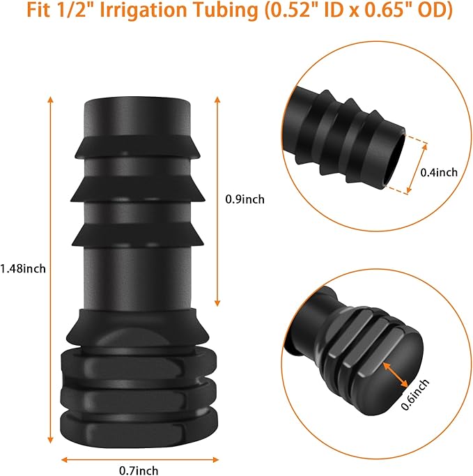 1/2 inch Drip Irrigation End Cap Fittings, Barbed End Plug Connector Fit 1/2" Irrigation Tubing (0.52" ID x 0.65" OD), Drip Line Goof Plug Connector for Garden Irrigation System - Pack of 10
