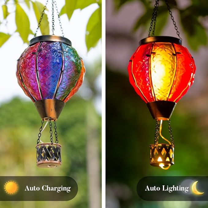 Hot Air Balloon Solar Lantern with Flame Flickering Light LED Glass Hanging Solar Lanterns Outdoor Waterproof Garden Light for Patio Tree Porch Yard Decor Mother’s Day Gift for Women Mom
