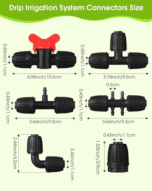 18 Pcs Drip Irrigation Fittings Kit for 1/2'' Tubing 1/2 Inch Drip Line Anti Drop Barbed Locking Nut Connector with 4 Tees 4 Couplings 3 Reducing Tee 3 Switch Valves 2 Elbows 2 Plugs