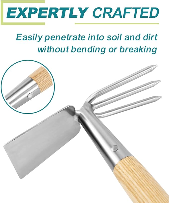 Hoe and Cultivator Garden Rake Hand Tiller Tool Wood Handle Double Sided Cultivator Versatile Tool for Digging,Loosening Soil,Weeding,Breaking Up Soil,Cultivating,Preparing Seedbeds Combination Garden