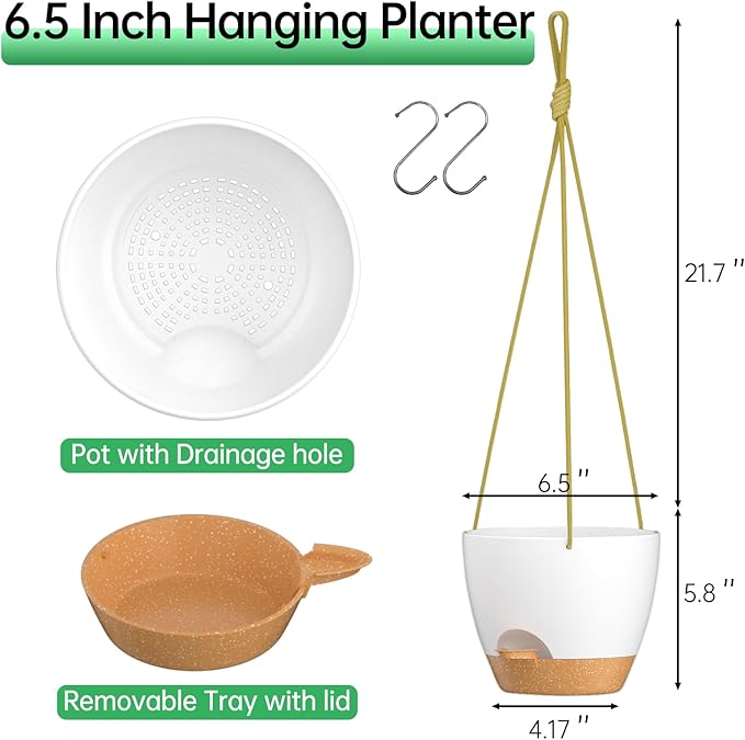 ZMTECH 6.5 Inch Hanging Planters for Indoor Outdoor Plants, 2 Pack Self Watering Hanging Plant Pots with Drainage Holes and Removable Saucer, Plastic Flower Hanging Pots with Watering Lip (White)