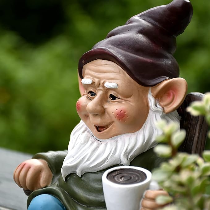 OwMell Drinking Coffee Garden Gnome Statue Decoration 7.3" Figurine Ornament for Indoor Outdoor Home Patio Yard Lawn