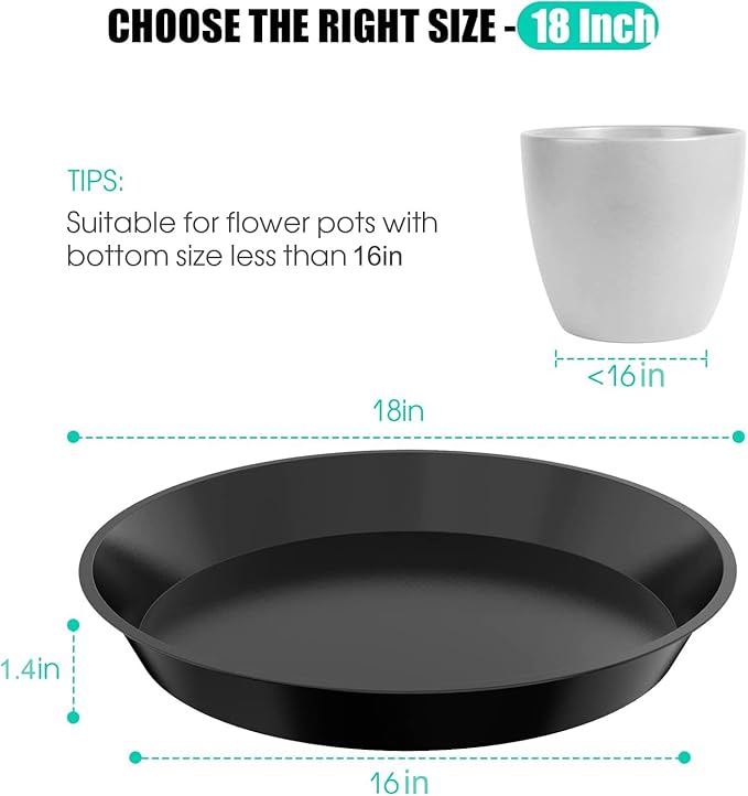6 Pack Plant Saucer 12 14 16 18 20 22 Inch Plastic Plant Tray, Sturdy and Durable Flower Pot Container Accessories Plant Pot Saucers for Indoor and Outdoor (18 Inch, Black)