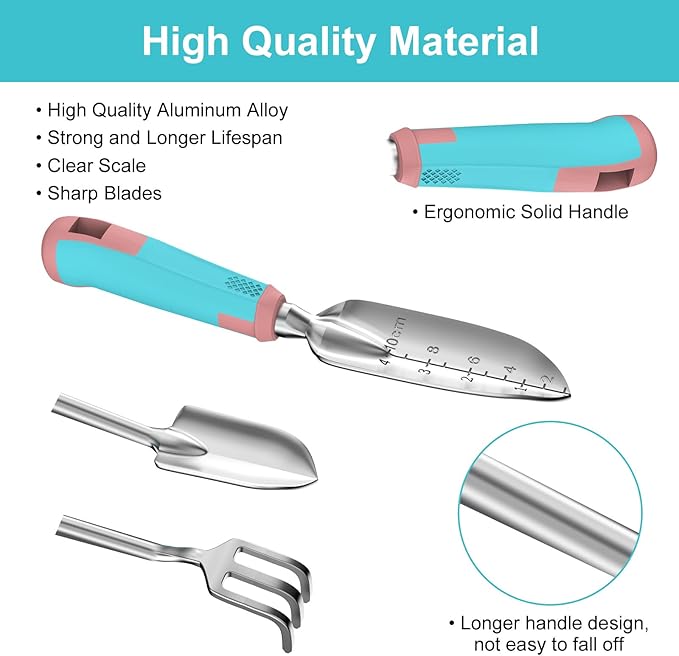 6 Pcs Garden Tool Set, Gardening Hand Tools Aluminum Alloy Starter Kit with Garden Bag, Heavy Duty Outdoor Tool Set with Ergonomic Handle, Gardening Gifts (No Flower Pattern)