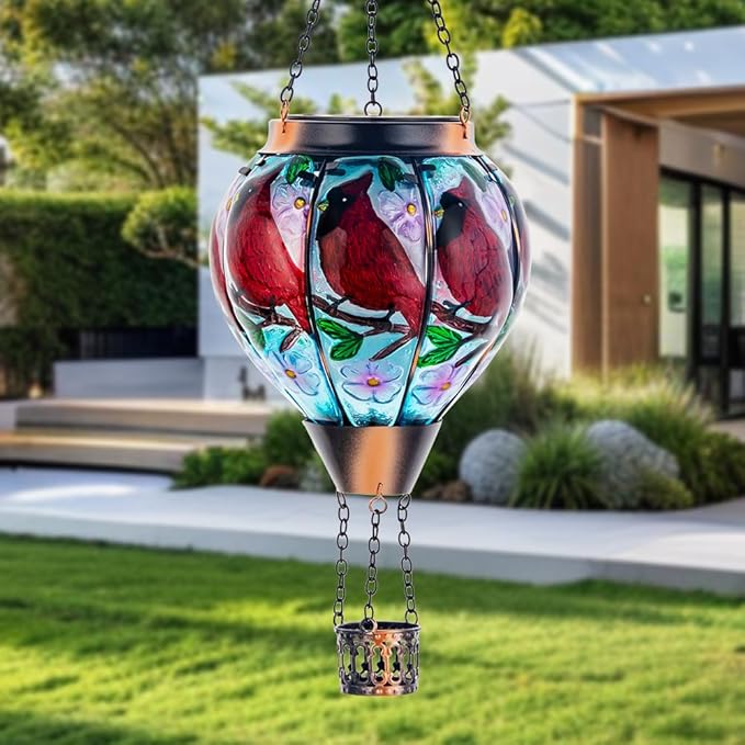 DREAMSOUL 2PCS Cardinal Hot Air Balloon Solar Lantern, Hanging Glass Solar Lanterns Outdoor Waterproof for Yard Party Gift