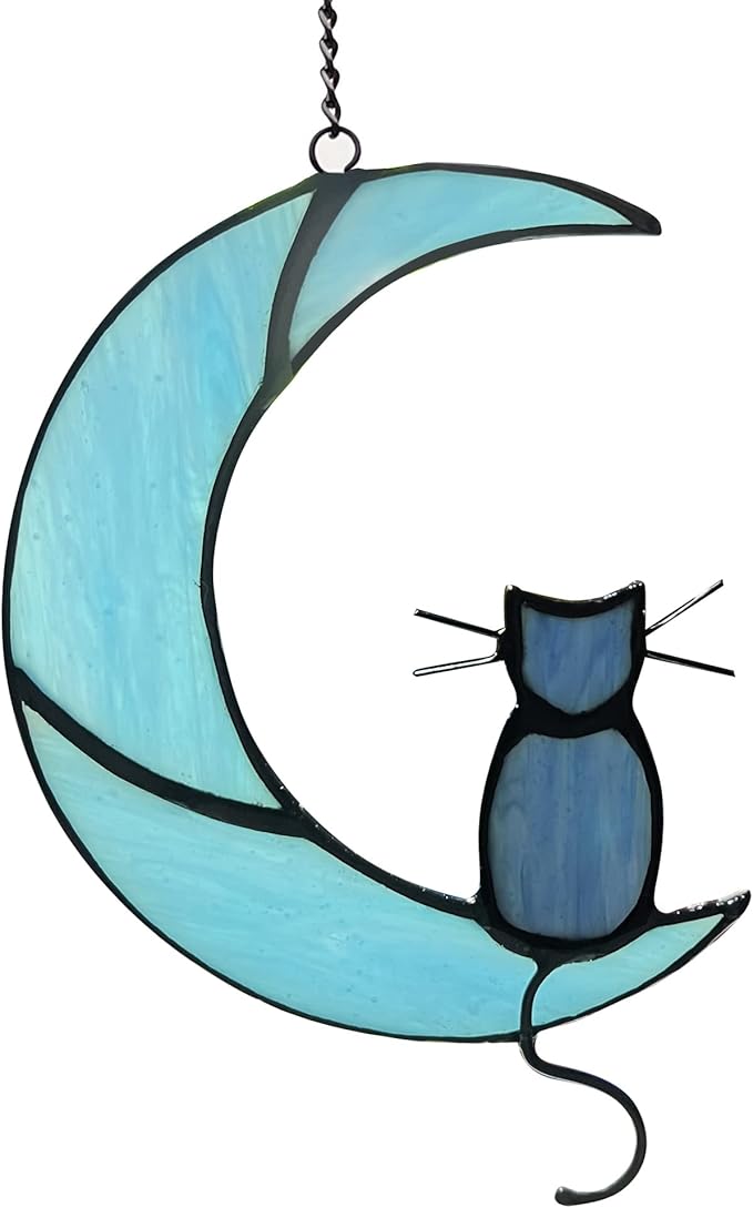 Black Cat On Bule Moon Stained Glass