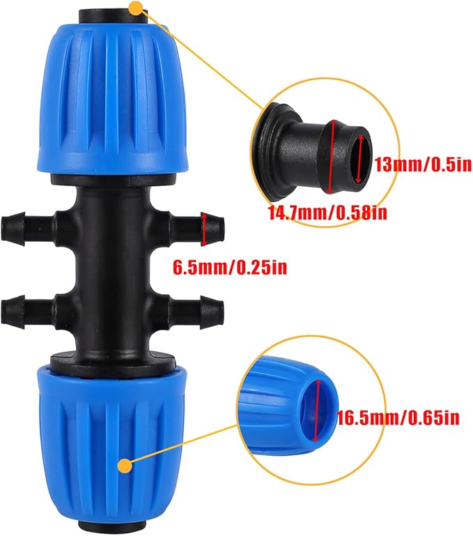 10 Pcs Barbed 6-Way Locked Connectors, 1/2 (Tubing OD 0.620 in.ID is 0.520. in) to 1/4 Inch Irrigation Tubing Fitting,Variable Diameter 6 Way(10 Pcs Blue)