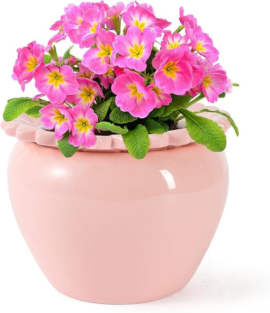 8in Pink Ceramic Pot Self Waterring Terracotta Planter Maintenance Plant Seeder Planting Flower Pot Design Self Watering Planter for Indoor Plants African Violet Planter Pot