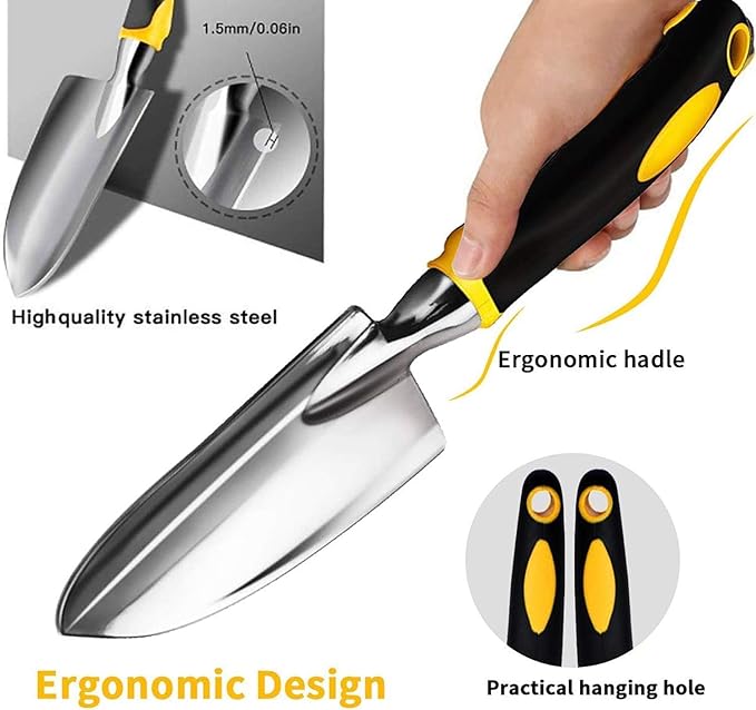 Stainless Steel Garden Tools, Gardening Tool Set with Pruning Shears, Hand Trowel, Transplanter, Hand Rake, Gardening Gloves (750, 5PCS)