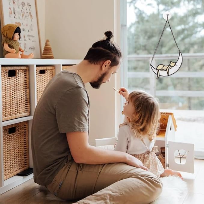 Yellow Cat Decor On Blue Moon Stained Glass for Window, Crystals Suncatchers for Window Ball Prism Rainbow Maker Chain Easy Hanging 2 Balls and 1White Gift Boxes for Cat Lovers Halloween Decor