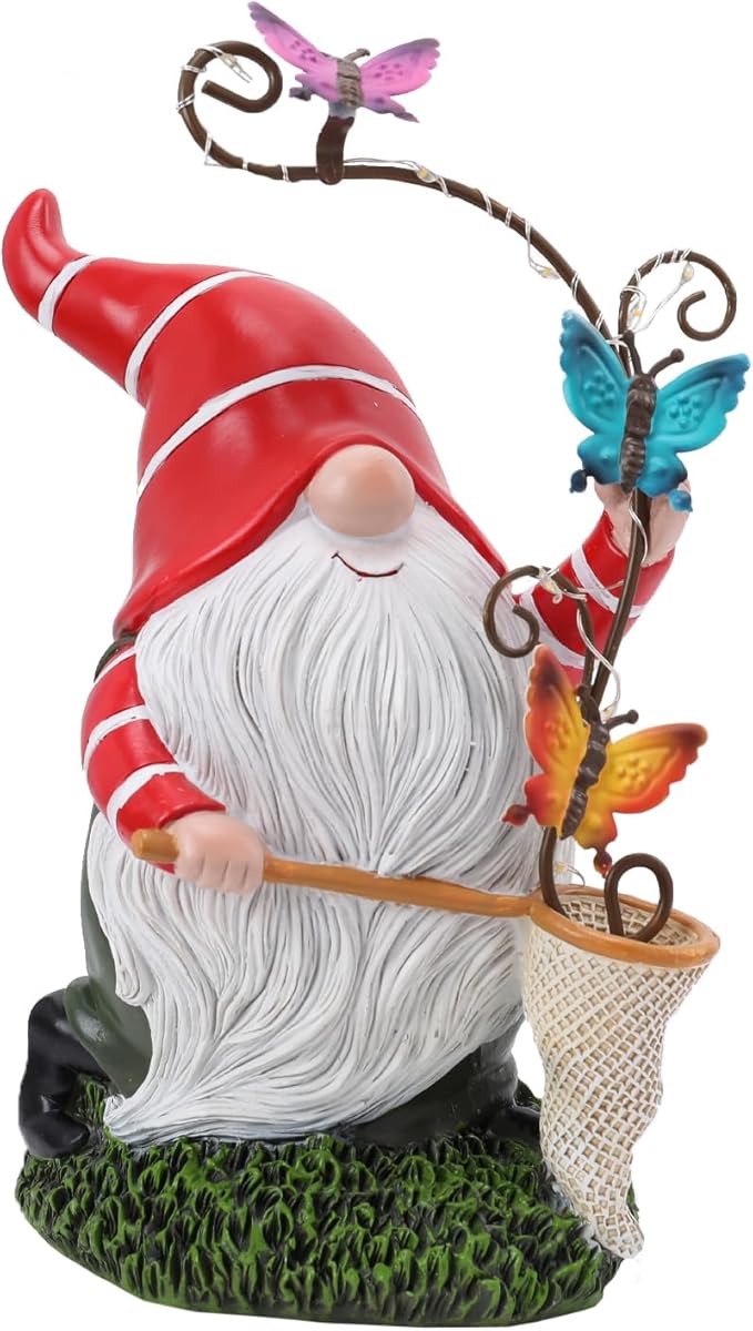 Garden Gnome Statue, Solar Funny Gnomes Figurine Catching Butterflies with LED Lights Waterproof Resin Outdoor Decor for Patio Lawn Yard Home Tabletop Decoration