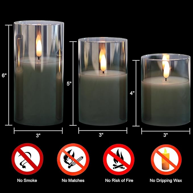Glass Flameless Candles with Remote Timer,LED Candles Flickering Battery Operated with 3D Wick,Candle Holders Table Centerpiece Decoration for Home Wedding Birthday Festival(Grey)