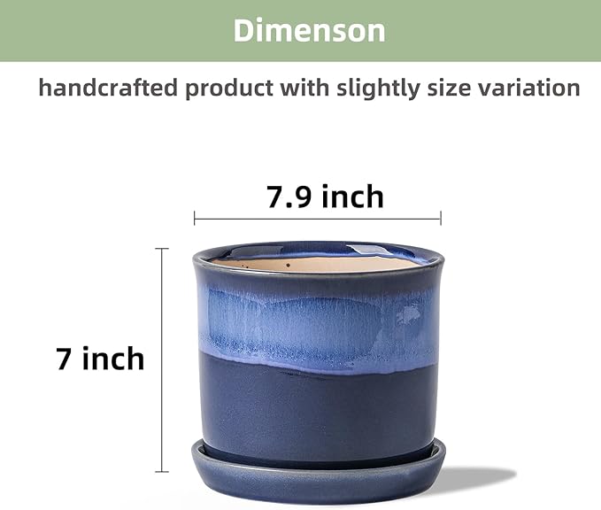 8 Inch Plant Pot: Ceramic Planter with Drainage Hole & Saucer - Gradient Blue Flowerpot for Indoor & Outdoor Plants with Separate Tray