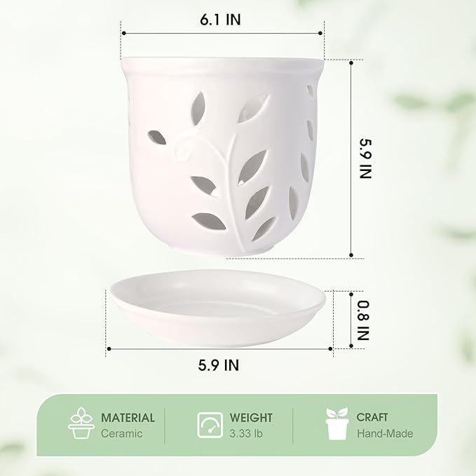 Orchid Pot with Holes & Saucers, 6.1 inch Ceramic Large Orchid Planter for Repotting, Flower Plant Pot with Drainage for Indoor Outdoor Home Decor, White