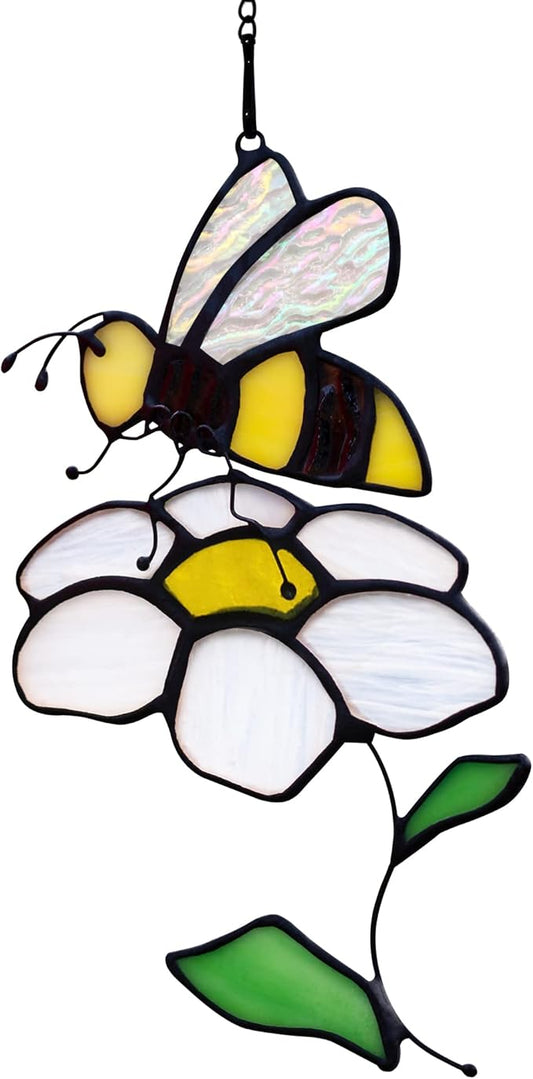 Bee Suncatcher Flower Stained Glass Window Hangings, Bee Decor Party Birthday Bee Gifts for Women,Bee Lovers, Housewarming Gifts.