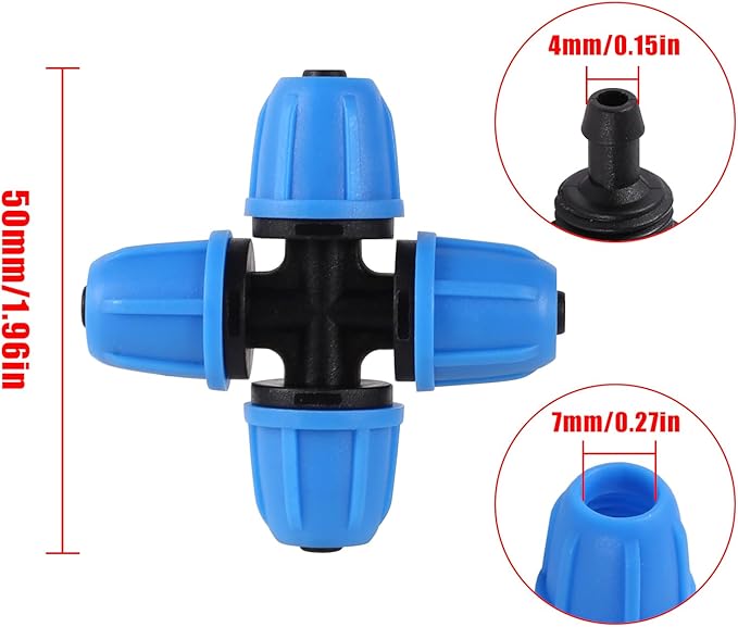 1/4 inch Drip Irrigation Fittings, Lock Barbed 4 Way Couplings for ¼ in. tubing; Tubing Outside Diameter (OD) is 0.250 in., Internal Diameter (ID) is 0.170. in.(20Pcs/Pack) (Blue-4-Way)
