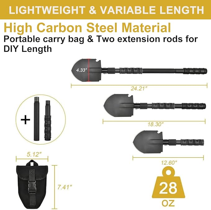 Folding Shovel, (24.21'') Camping Shovel, Survival Off Road E Tool Shovel, with Pickaxe, Portable Bag, High Carbon Steel, for Digging, Backpacking, Hiking, Gardening, Emergency, Outdoor