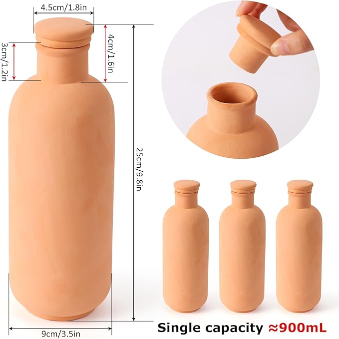 3pcs Ollas 10×3.5×3.5inch Terracotta Watering Pots Self Watering Planter Watering System 30.5oz Plant Watering Globes Clay Watering Pot with lid Terra Cotta Clay Irrigation Globes