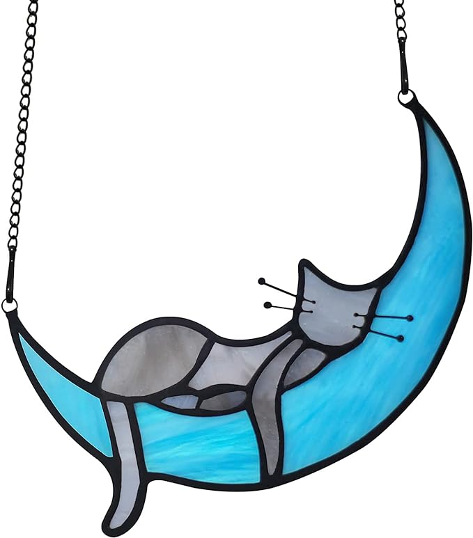 BOXCASA Sleeping Cat Stained Glass Windown Hanging,Grey Cat on Moon Beautiful Handcrafted Sun Catcher Gifts for Daughter,Mothers Day,Christmas and Cat Lover