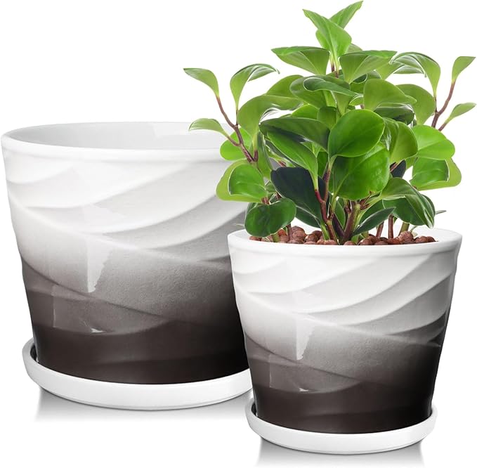 6.7 + 5.5 Inch Plant Pot, Ceramic Planter with Drainage and Saucer，Ceramic Pots for Plants, Indoor Plant pots，Ceramic Flower pots(Dark Gray+White)