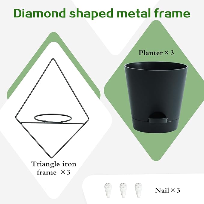 3 Sets of Wall Planters for Indoor Plants, Hanging Wall Planter with Black Metal Holder, Geometric Self Watering Wall Flower Pots, Wall Mounted Succulent Planter, 5" Black Plant Pot