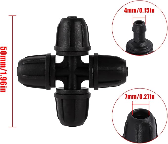 1/4 inch Drip Irrigation Fittings, Lock Barbed 4 Way Couplings for ¼ in. tubing; Tubing Outside Diameter (OD) is 0.250 in., Internal Diameter (ID) is 0.170. in.(20Pcs/Pack) (Black-4-Way)