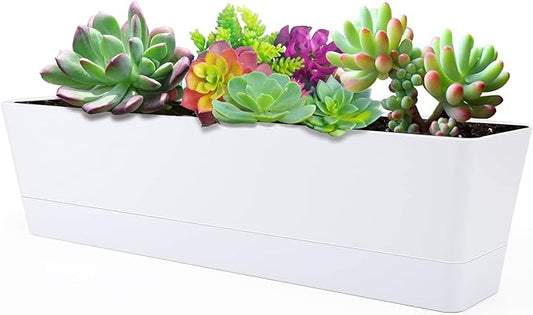 GREANER Large Window Boxes Planters, 1PCS 16x3.8 Inch White Vegetable Herb Planters with Tray, Indoor Succulent Cactus Flowers Plastic Rectangle Pot for Balcony, Office, Garden, Outdoor, Windowsill