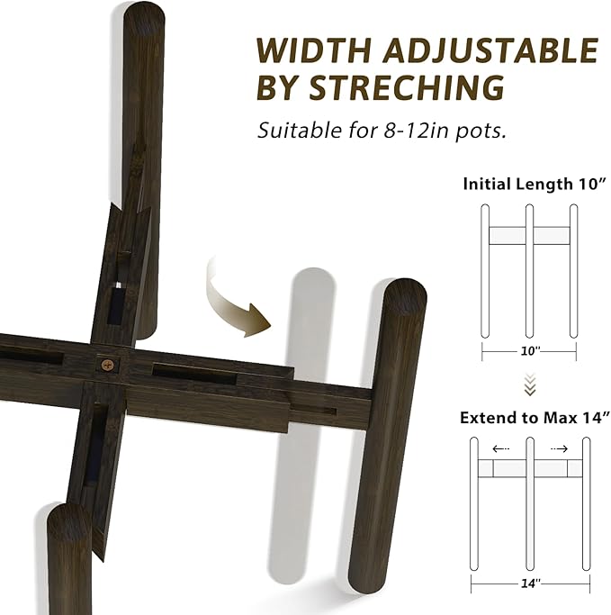 Adjustable Plant Stand Indoor, Bamboo Plant Holder 8 to 12 Inches, Small Tall Planter Stand for Indoor Plants, Single Floor Plant Stand for Living Room Balcony Bedroom, Tea Brown