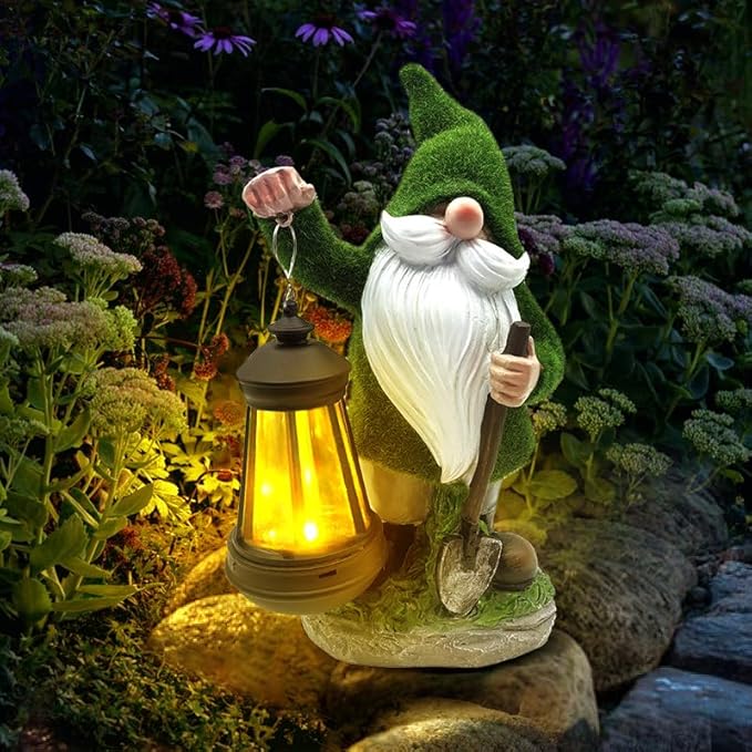 coolboy Solar Gnome Outdoor Garden Statue,Waterproof LED Lights Outdoor Decor,Resin Gnome Ornament,Solar Lantern Indoor Figurines for Patio Garden Table Decor