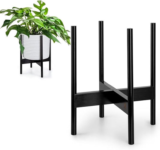 Fox & Fern Bamboo Plant Stand — 11.8 Inch Fixed Size Wooden Mid Century Plant Stand for Indoor Planters; Raised Large Flower Pot Holder for Indoor Big Pots; Plug In Design; Two Height Options - Dark Bamboo