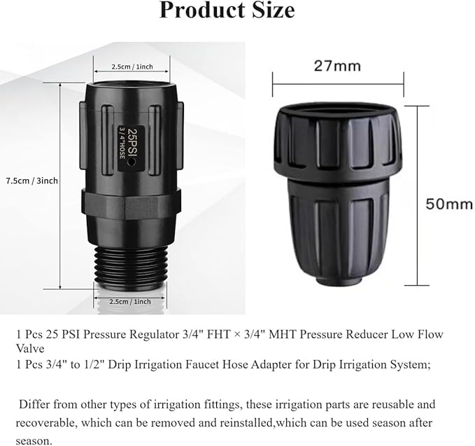 1 Pcs 25 PSI Pressure Regulator 3/4" FHT × 3/4" MHT Pressure Reducer Low Flow Valve,1 Pcs 3/4" to 1/2" Drip Irrigation Faucet Hose Adapter for Drip Irrigation System