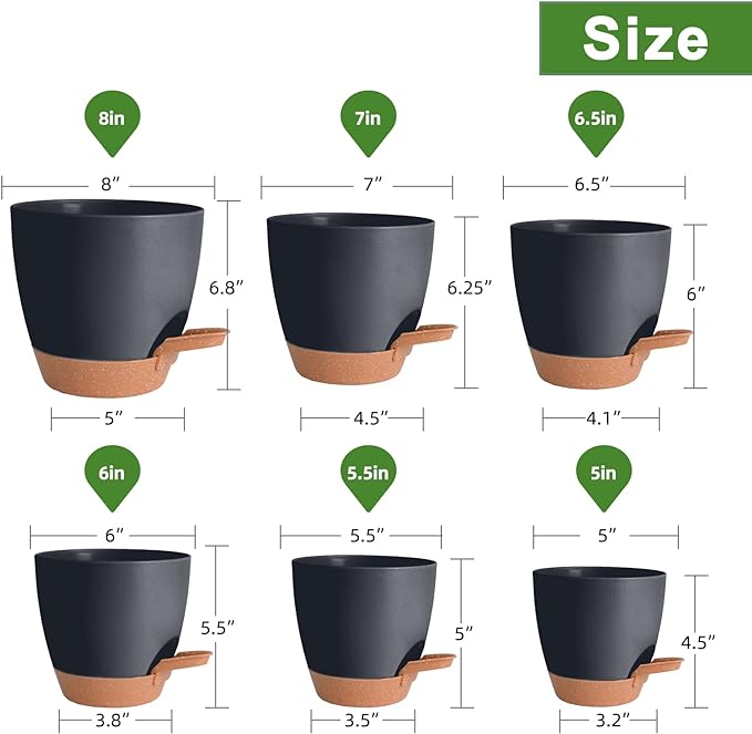 Planters for Indoor Plants, 8/7/6.5/6/5.5/5 Inch Self Watering Plant Planters with Drainage Hole, Plastic Planters Flower Pots for Indoor Outdoor Plants (Black)