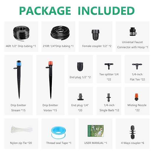 265FT Automatic Drip Irrigation System,Quick Connector Garden Watering System Sprinkler System Kit for Lawn Raised Bed Greenhouse Plant Watering System with 1/4'' Tubing,Drip Emitters,Connectors