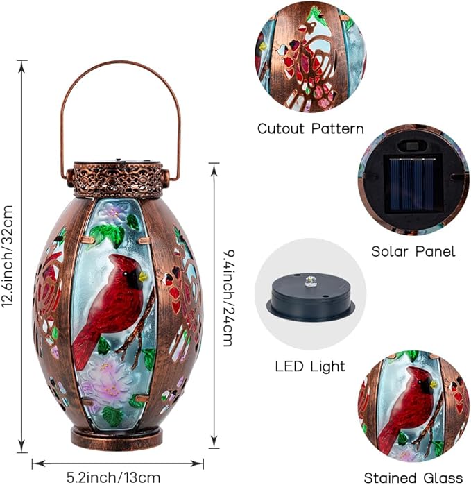 Starsoul 2 PC Cardinal Outdoor Solar Lantern Cardinal Solar Light Waterproof Tabletop Lamp with Hollowed-Out Design for Yard Patio Garden Pathway