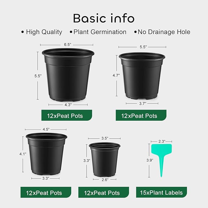 GROWNEER Nursery Pots with Drainage Holes Pack of 48 Pcs 3.5/4.5/5.5/6.5 Inch and Plant Label Flexible Seedling Pots Seed Starting Planter for Indoor Outdoor Flowers, Succulents, Cactus