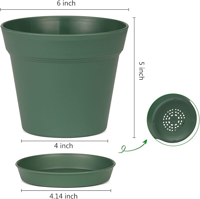 Homenote Plant Pots,15 Pack 6 inch Flower Pots with Multiple Drainage Holes and Saucers,Plastic Planters for All Home Garden Flowers Succulents(Green)
