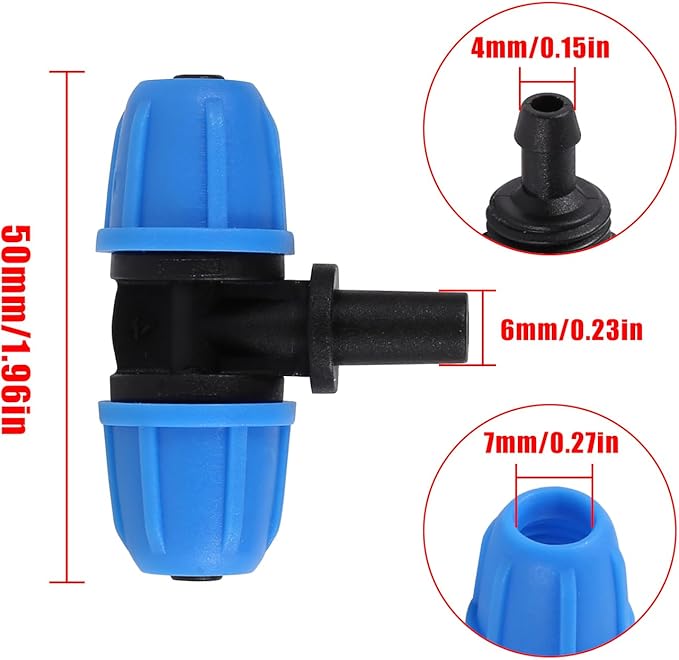 6mm to 1/4 Inch Barb Tee for for ¼ in. tubing; Tubing Outside Diameter (OD) is 0.250 in., Internal Diameter (ID) is 0.170. in. (20Pcs/Pack) (Blue-1/4" to 6mm)