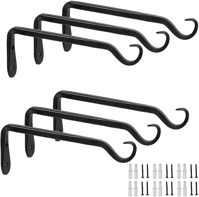 Worth Garden 6-Pack 7" Plant Hanger Bracket - Forged Wrought Iron Powder-Coated Heavy Duty Wall Hook - Black Plant Hanging Hooks - Durable and Stable for Bird Feeders, Planters Indoor & Outdoor